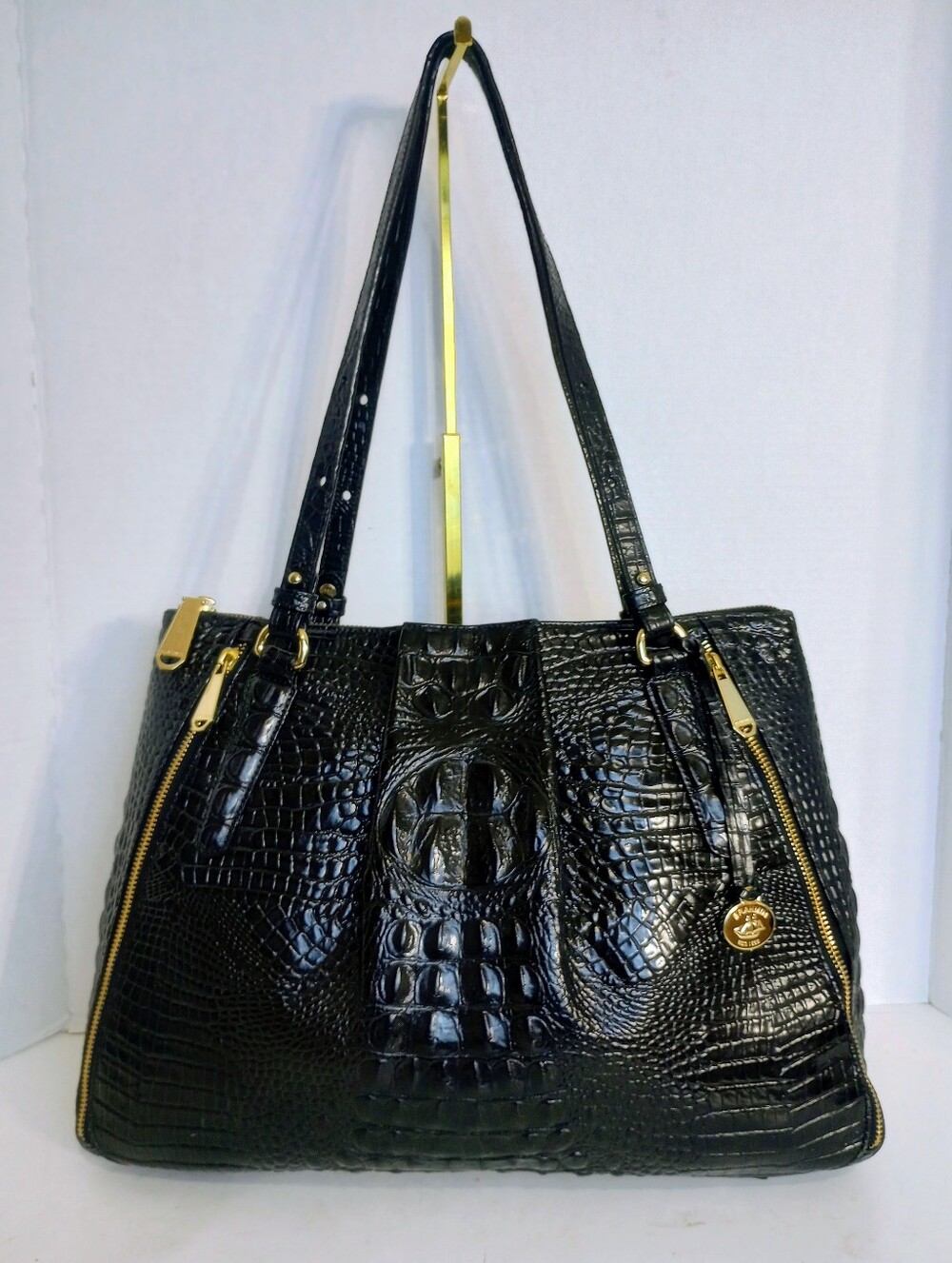 Brahmin Selma Black Melbourne Crocodile Embossed Leather Shoulder Bag Tote